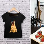 T-shirt illustrations of a dog, cat and butterfly