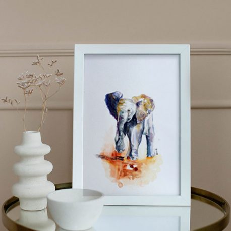 African baby elephant watercolour painting in white frame