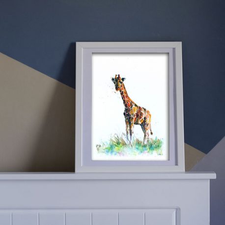 Giraffe watercolour painting in a white frame