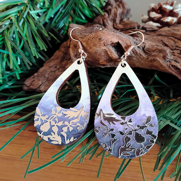 Purple and silver hand painted wooden earrings